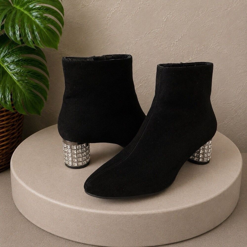 Nina Black Suede Glam Crystal Embellished Block Heel Ankle Boots - Size 6.5